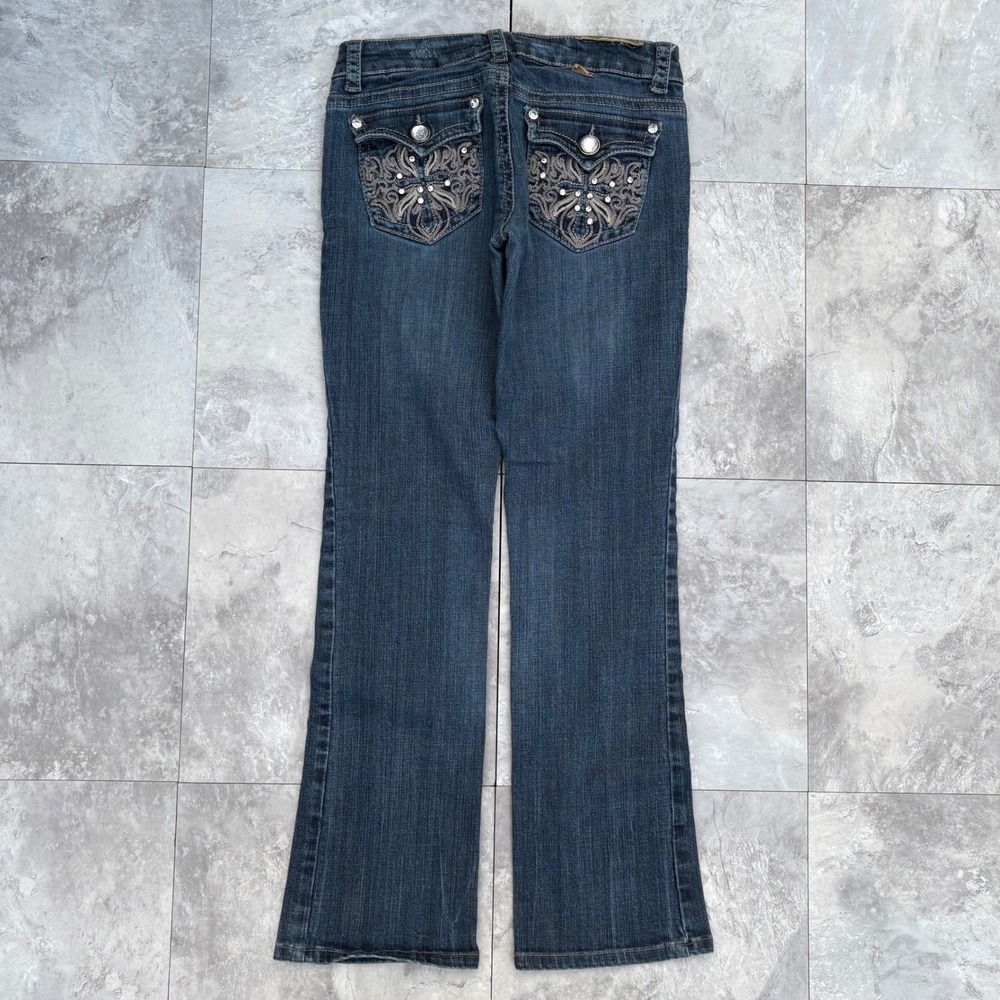 LA Idol Womens Low Rise Flare Jeans Y2K Embroidered Rhinestone Dark Wash Size 5